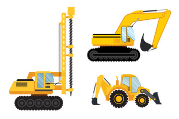 Yellow Construction Vehicles Including Excavator Drill And Backhoe Loader In Yellow Against White Background. Collection Set Vector Illustration