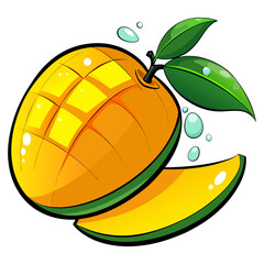 Mango and fruit isolated on white background. Fresh Slices of Mango on a Leaves. Set of mango fruits and mango slices.