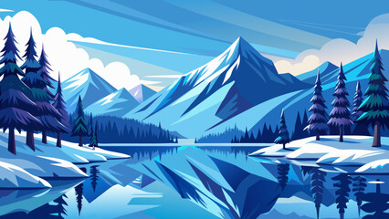 Vibrant geometric winter landscape with snow capped mountains reflected in a calm lake