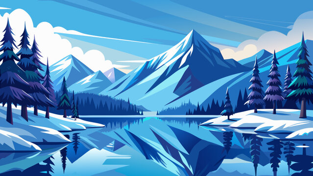 Vibrant geometric winter landscape with snow capped mountains reflected in a calm lake