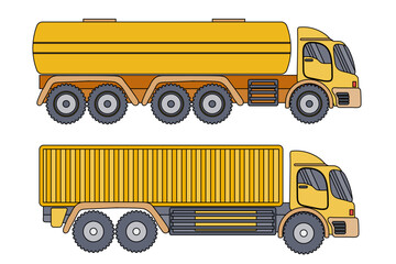 Two Yellow Trucks Featuring a Tanker and a Container Truck on a White Background. Heavy Vehicle Collection Set vector illustration