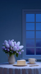 Fototapeta premium Cozy order of food with cake and coffee near me on table by window with vase of lilac flowers creating calm online atmosphere