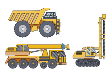 Illustration Of Construction Vehicles Including Dump Truck Crane And Drilling Machine. Heavy Vehicle Collection Set vector illustration