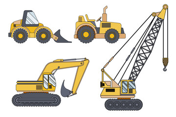 Collection Of Yellow Construction Vehicles Including Excavator Bulldozer Crane And Tractor. Heavy Vehicle Collection Set vector illustration