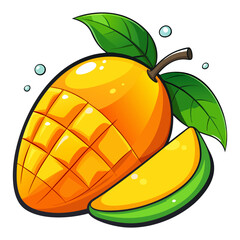 Mango and fruit isolated on white background. Fresh Slices of Mango on a Leaves. Set of mango fruits and mango slices.