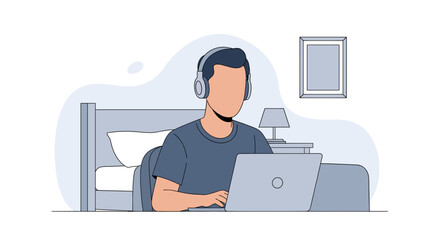 Man in bed with headphones and laptop, working or studying from home comfortably. Ideal for concepts of remote work, online education, or digital leisure.