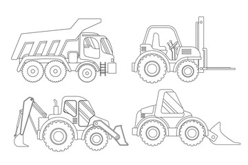 Coloring Page Outline Four Different Construction Vehicles In Simple Line Art Style