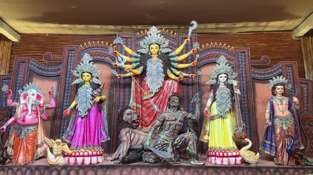 Subho mahalaya, Video of an handmade colorful idol of Goddess Durga installed in decorated colorful Pandal during navratri festival.	