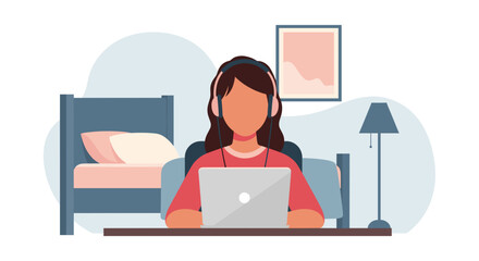 Illustration of a woman working or studying from home on a laptop with headphones, representing remote work, online education, or virtual communication.