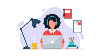 Person in headphones working remotely on a laptop with coffee and notes. Concept of online education, telecommuting, or virtual meeting for modern business and lifestyle.