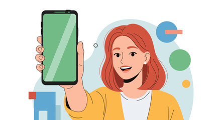 A cheerful woman presents a smartphone with a blank green screen, perfect for showcasing mobile apps, online services, or digital content. Ideal for technology, business, or lifestyle themes.