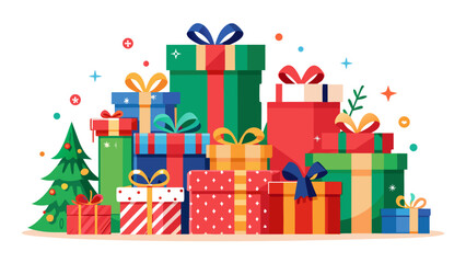 Vibrant pile of christmas gifts and decorated tree with festive ornaments and stars