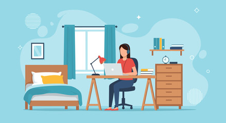 Female professional working or studying remotely on a laptop with headphones in a modern bedroom home office. Ideal for business, education, or lifestyle content.
