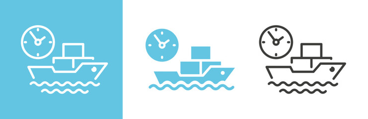 flat and linear set icons, time transportation on cargo ship icon, big marine vessel, sea transport, commercial container delivery, simple symbols on white and black background, vector illustration