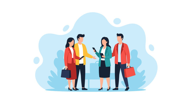 Diverse business team collaborating and communicating, showcasing modern networking, discussions, or a casual shopping outing. Ideal for lifestyle and corporate themes.