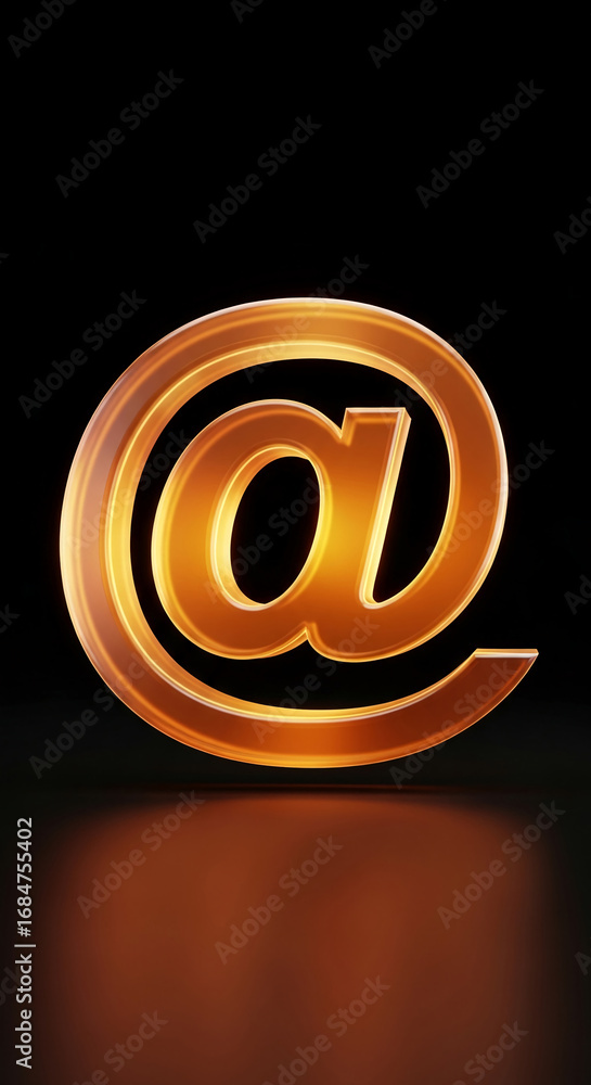 Poster glowing amber at symbol on black background, 3d render, representing digital communication and conne