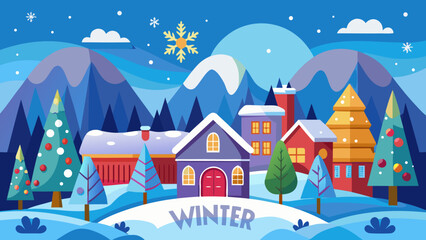 Naklejka premium Charming winter village scene with snow covered houses and festive christmas trees