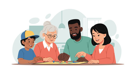 Happy multi-generational family playing a board game together at home, fostering connection and fun. Ideal for lifestyle, family, and leisure concepts.