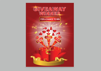 giveaway like follow share for a chance to win prizes with a gift box exploding in confetti's. Social media post flyer poster banner design Vector illustration.