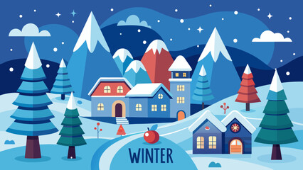 Charming winter village scene with snow capped mountains festive houses and evergreen trees under a starry night sky