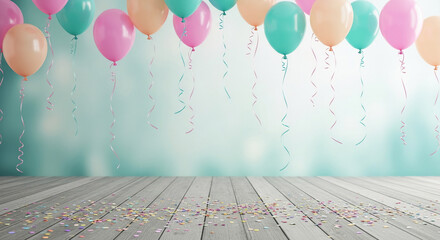 Pastel balloons and confetti on wooden floor, creating a festive and celebratory scene, ideal for birthday or party announcements