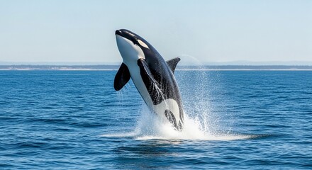 Fototapeta premium Orca breaching ocean surface, water droplets glistening in sunlight, distant shoreline visible