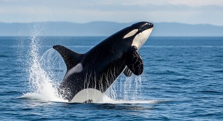 Fototapeta premium Orca Breaching the Surface, Creating a Spectacular Water Spray in the Ocean