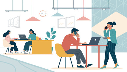 Busy professionals collaborating in a vibrant, modern office space, engaged in calls and laptop work. Perfect for business, teamwork, and productive workplace concepts.