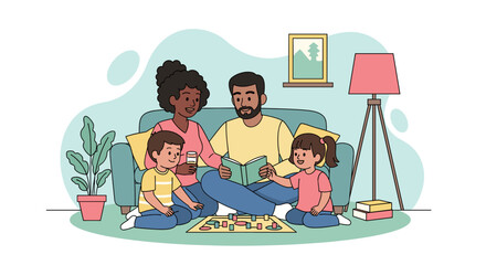 Happy diverse family enjoying quality time at home, reading a book and playing a board game. Ideal for parenting, education, or lifestyle content.