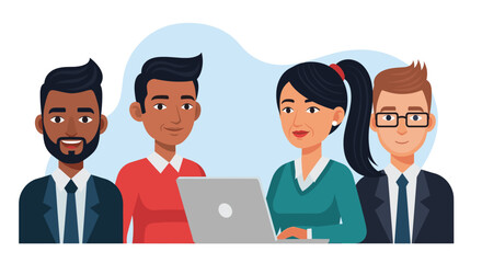 Diverse business professionals collaborate on a project using a laptop. Ideal for themes of teamwork, digital communication, and modern office work.