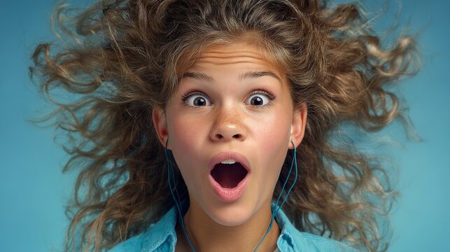 Young girl with curly hair, wearing headphones, expresses surprise and excitement, with wide eyes and an open mouth, against a vibrant blue background, capturing a moment of joy and enthusiasm
