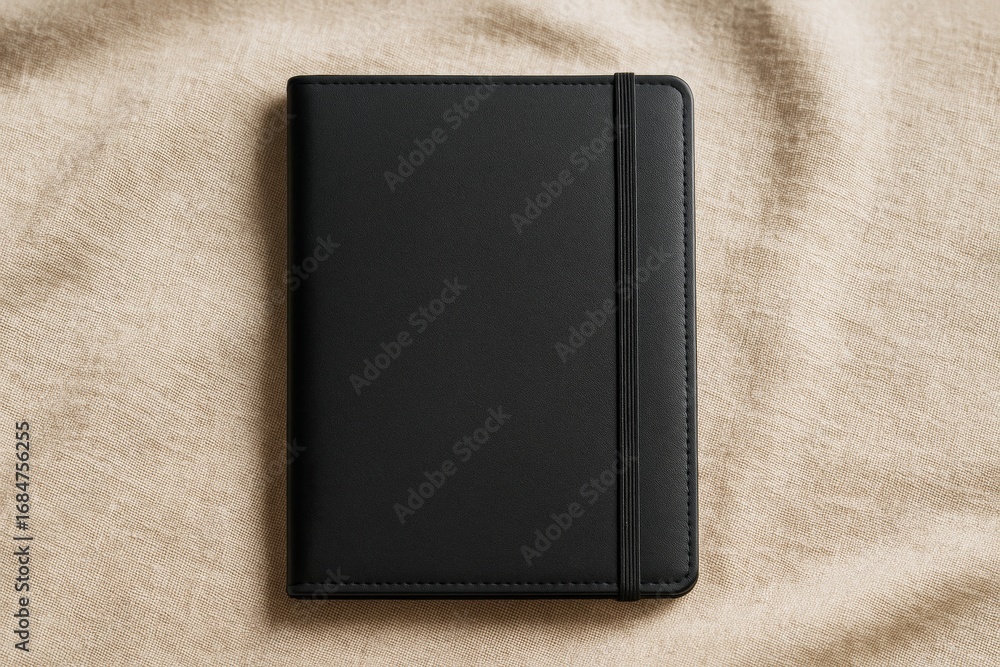 Poster minimalist black notebook with elastic band placed on soft beige fabric background under natural lig
