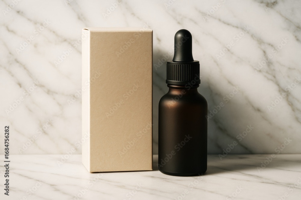 Poster minimalist dropper bottle and blank packaging box mockup on marble background for product branding a
