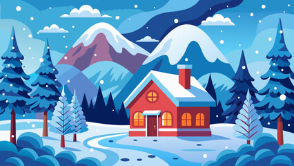 Fototapeta premium Cozy red cabin nestled in a snowy mountain landscape with pine trees and falling snow