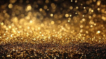 Golden Glitter Surface with Glowing Bokeh Lights Creating a Festive and Luxurious Abstract Background
