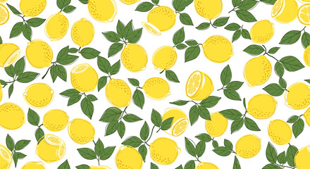 Lemon pattern with green leaves on a white background, a vibrant and fresh design.