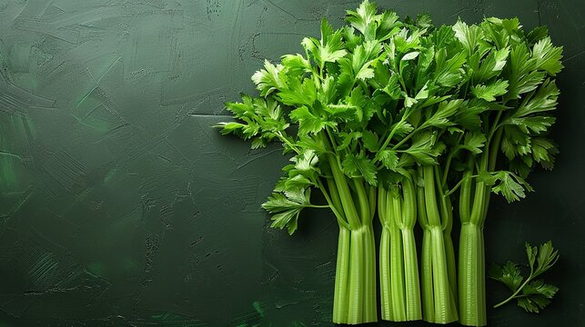 Fresh Green Celery Stalks Bundle on Dark Textured Background