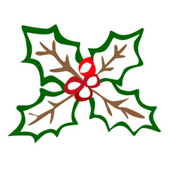 Flat Illustration Festive Holly Berry Decoration with Green Leaf and Red Fruit