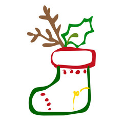 Whimsical Handdrawn Christmas Stocking with Holly and Antler Holiday Illustration