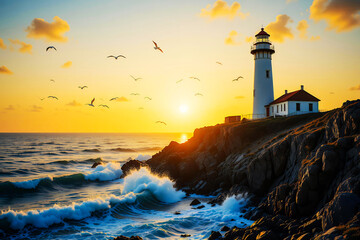 Obraz premium Golden Hour Lighthouse by the Rocky Shore