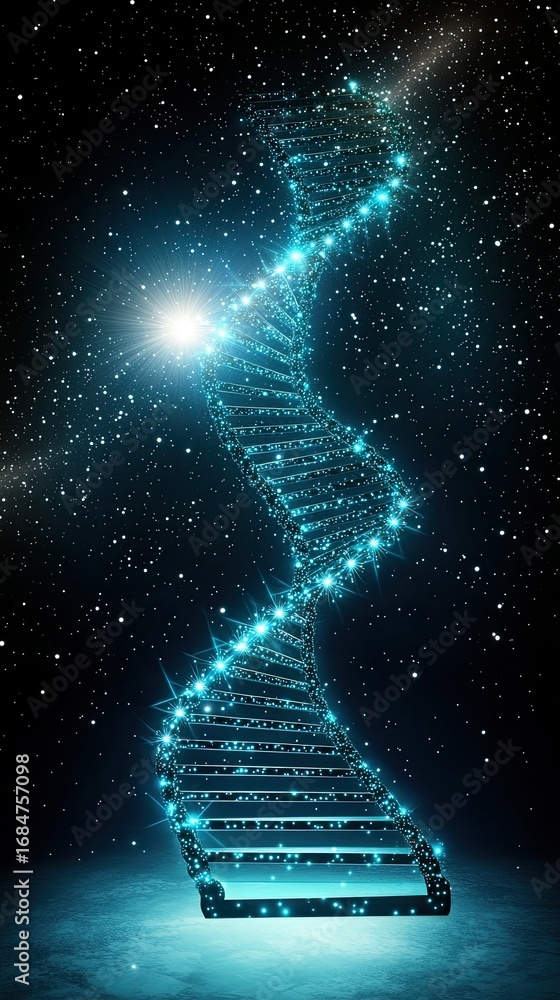 Poster creation arrangement sequence concept, illuminated dna helix in a starry universe background