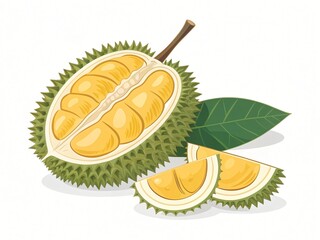 Fototapeta premium Durian Fruit Illustration Halved Durian with Slices and Leaves Tropical Food Graphic