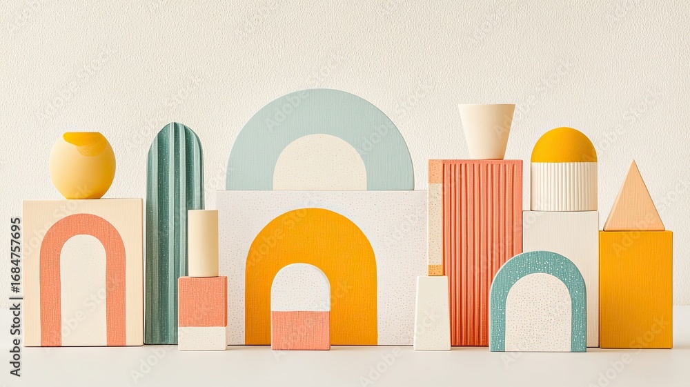 Poster creation arrangement sequence concept, colorful geometric blocks and shapes against a textured backg