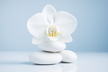 White orchid flower on smooth spa stones with soft blue background and light reflection, symbolizing peace, nature and wellness concept. Ai generative