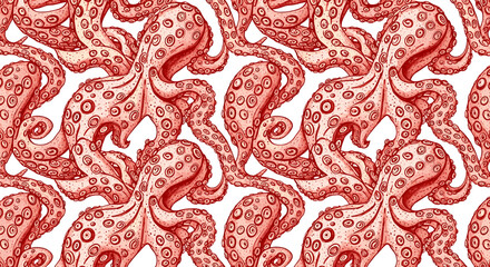 Detailed illustration of multiple red octopuses with intricate details and repeating patterns on a white background.