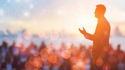 Silhouette adult male business coach giving presentation in virtual digital training space using futuristic ai-driven strategies educate audience on advanced conversion optimization, e-commerce.