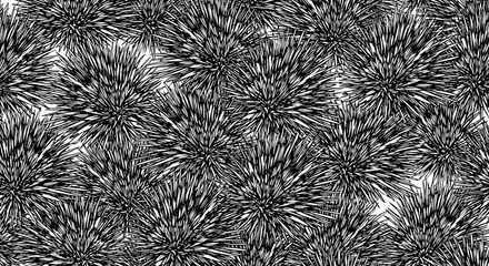 Abstract monochrome pattern of stylized, dense, spiky floral or plant-like shapes.