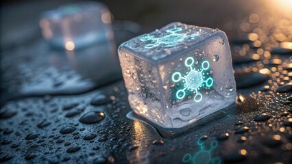 Ice cube with a glowing molecular design on a wet surface. forever chemicals concept