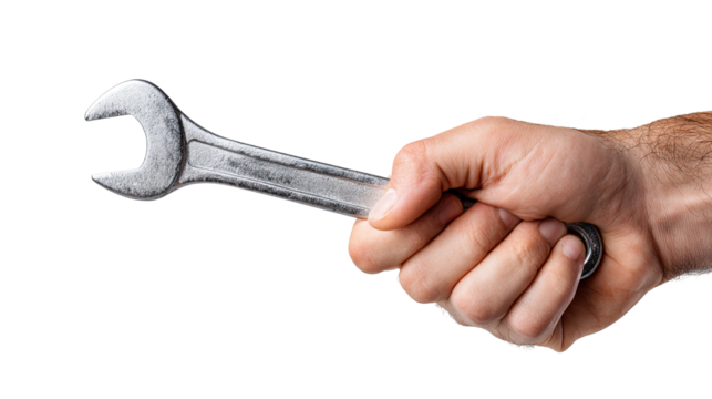 A hand gripping a wrench against a black background