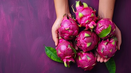 Hands holding a pile of ripe purple dragon fruits with green leaves